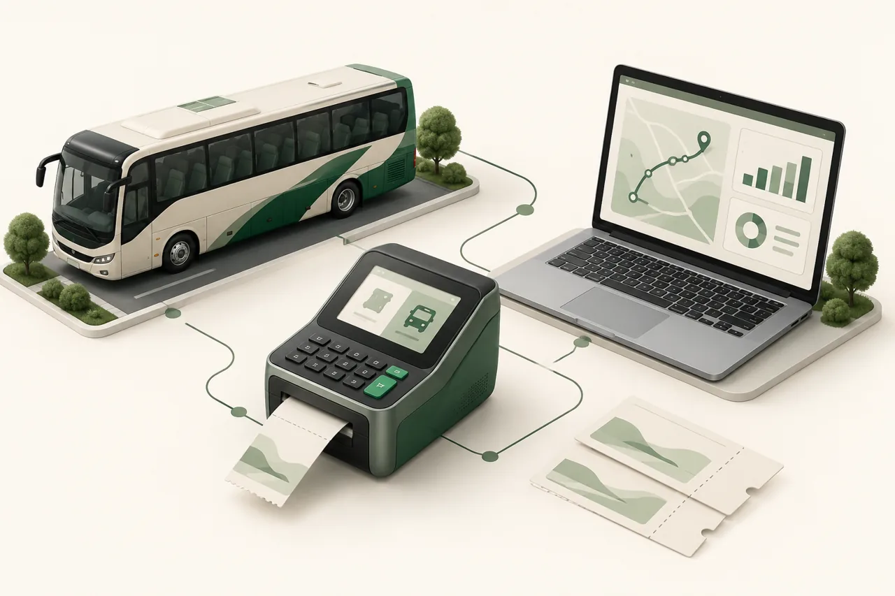Ilustracja poglądowa połączenia autobusu, urządzenia biletowego i panelu zarządzania